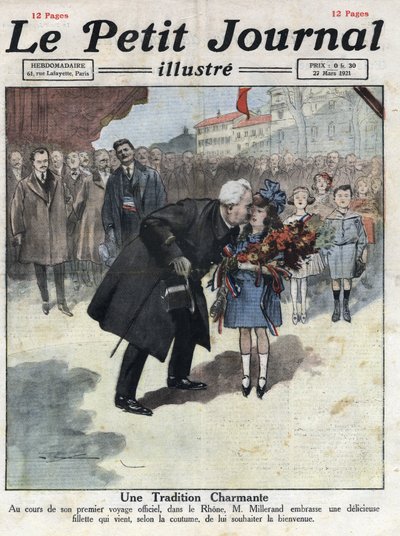 Una niña ofrece un ramo en colores tricolores al Presidente de la República Alexandre Millerand durante uno de sus desplazamientos en el Ródano. Ilustración tomada de “Le petit journal” del 27/03/1921. Colección privada de Anonymous Anonymous
