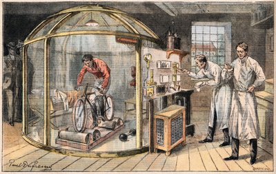 Un hombre en una campana: experimento sobre el gasto de energía humana realizado por científicos ingleses. Grabado del periódico 