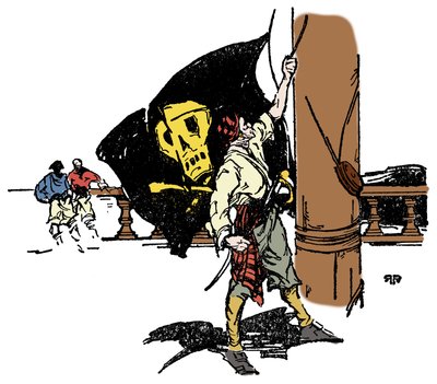 Un pirata iza la bandera negra a la muerte. Ilustración de 