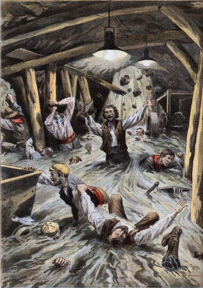 Un río invade el túnel de Loetschberg en Suiza durante la construcción. Grabado del periódico "Le Petit Parisien", 9/08/1908. Colección privada de Anonymous Anonymous