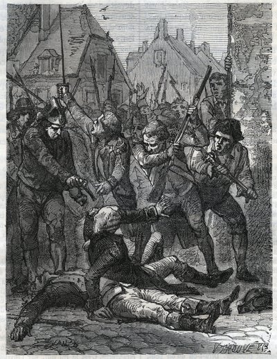 Una escena durante el período de la Revolución Francesa: Theobald de Dillon (1745-1792) y un oficial genio llamado Berthois, fueron masacrados por los soldados y el pueblo de Lille, que los acusaron de traición. Grabado de 1866 en “Histoire de la Revolutio de Anonymous Anonymous