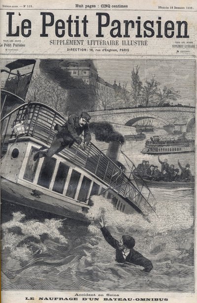 Accidente en el Sena en París - El hundimiento de un barco ómnibus: la tripulación del barco salta al Sena para escapar. Le Petit Parisien, el 18/12/1898 de Anonymous Anonymous