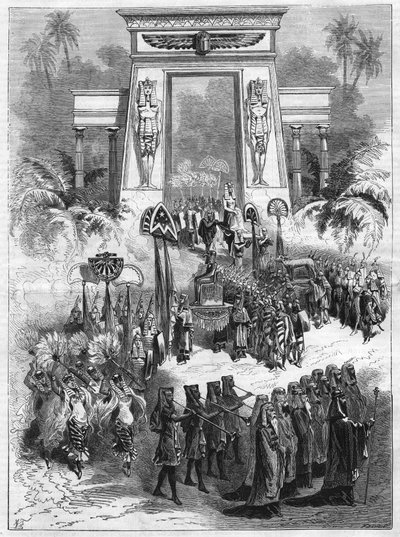 Acto II de la obra, Aida. Gran ópera en cuatro actos y siete cuadros de Giuseppe Verdi (1813-1901) se presenta en el teatro italiano en París. Grabado en “L