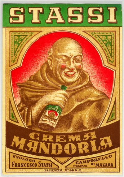 Anuncio de licor de almendra con un monje de mejillas rojas de Anonymous Anonymous