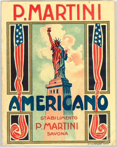Anuncio de bebida corta italiana Americano, con bandera estadounidense y estatua de la libertad de Anonymous Anonymous
