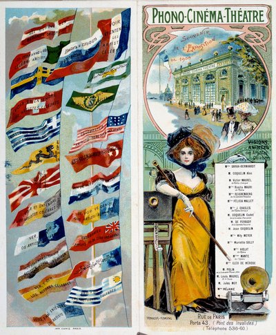 Publicidad: Phono - cine - teatro: ver y escuchar a artistas famosos. Cromolitografía publicada en la Exposición Mundial de 1900 con las banderas de diferentes países. París, Museo Carnavalet - Cartel publicitario “Phono - cine - teatro: ver y escuchar a l de Anonymous Anonymous