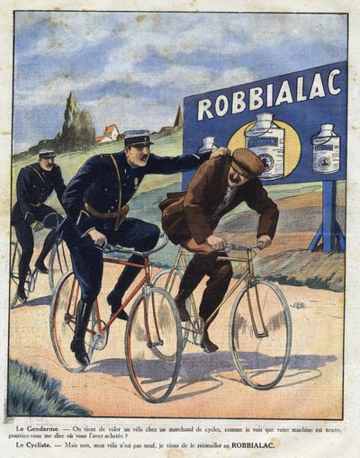 Publicidad de la pintura Robbialac: los policías acusan a un ciclista de robar su bicicleta porque parece nueva gracias a la pintura Robbialac. Grabado en “Le petit journal illustré” de Anonymous Anonymous