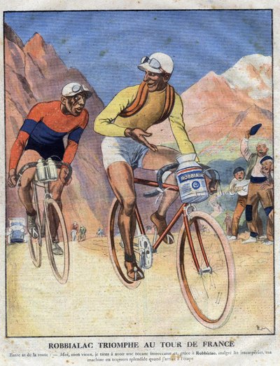 Publicidad para la pintura Robbialac: "El triunfo de Robbialac en el Tour de Francia". Un ciclista vende los méritos de la pintura Robbialac para su bicicleta. Grabado. Uno de "El Pequeño Diario Ilustrado" de Anonymous Anonymous