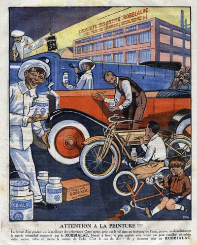 Ilustración publicitaria para pinturas Robbialac adecuadas para todos los usos (coche, automóvil, motocicleta, bicicleta). Ilustración de 