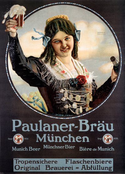 Cartel publicitario para las cervezas Paulaner producidas en Alemania de Anonymous Anonymous