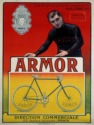 Cartel publicitario para la bicicleta “Armor” con el ciclista Eugene Christophe (1885-1970), ganador de 3 etapas y 2º en la clasificación general del Tour de Francia de 1912: “Es ella quien me permitió triunfar en el Tour de Francia de 1912, sd siglo XX de Anonymous Anonymous