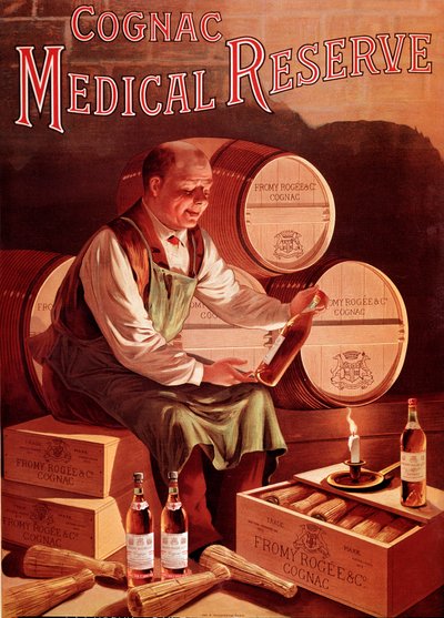 Cartel publicitario para el coñac Fromy, Rogee y Cie: reserva médica. Un hombre en su bodega de vinos mira una botella de coñac con placer. Ilustración anónima. Principios del siglo XX Colección privada de Anonymous Anonymous
