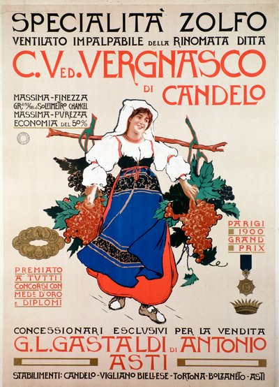 Cartel publicitario para el fungicida azufre tamizado producido por la empresa italiana Vergnasco Candelo, siglo XX de Anonymous Anonymous