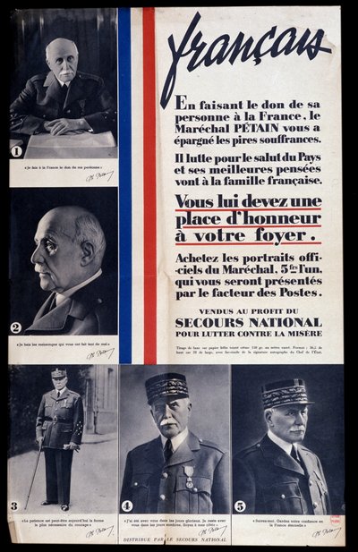 Póster publicitario para la venta de retratos del Mariscal Philippe Petain durante la Segunda Guerra Mundial elogiando a Petain (vendido para el beneficio del alivio nacional para combatir la pobreza) de Anonymous Anonymous