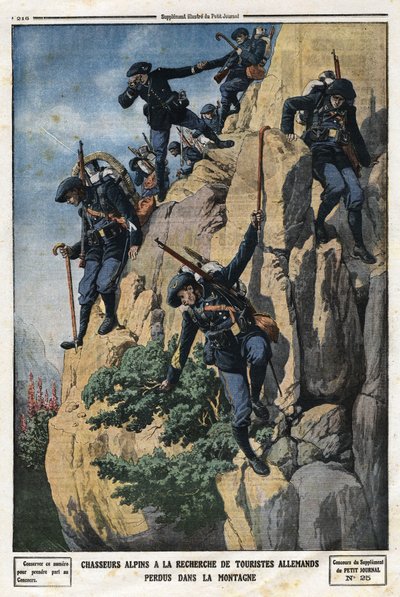 Cazadores alpinos buscando turistas alemanes perdidos. Querían ir a la montaña Nero (Casco del Nero) del macizo de Chartreuse. Grabado en 