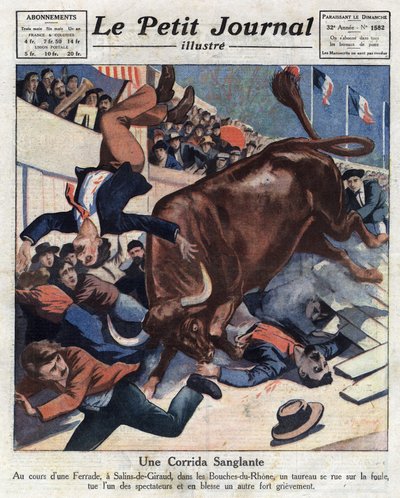 Un accidente durante una corrida de toros en Salins-de-Giraud (Bouches du Rhone), un toro se precipita en la multitud hiriendo a uno de los espectadores. Ilustración de “Le petit journal” del 17/04/1921, colección privada de Anonymous Anonymous