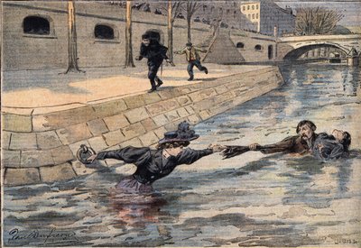 Un rescate ingenioso: cerca del puente del Santo Padre, una mujer que se precipitó en el Sena es salvada por un hombre que ayudó a otra mujer. Grabado del periódico "Le Petite Parisien", 8/03/1908. Colección privada de Anonymous Anonymous