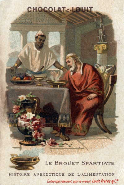 Historia anecdótica de la comida: el caldo espartano. Denys el Viejo (431-367 a.C.), tirano de Siracusa, detestaba el caldo cuando lo probó. El cocinero respondió que no debía tener suficiente hambre para apreciarlo. Cromolitografía de Chocolate-Louit, fin de Anonymous Anonymous