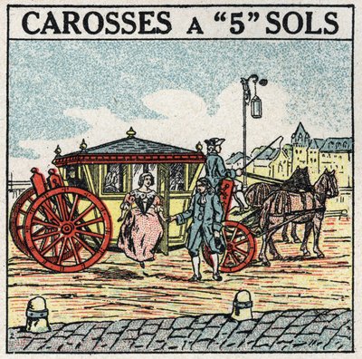 Tracción animal: un carruaje de 5 pisos, un modo de transporte reservado a la burguesía bajo Luis XIV en Francia. Ilustración anónima de 1925. Colección privada de Anonymous Anonymous
