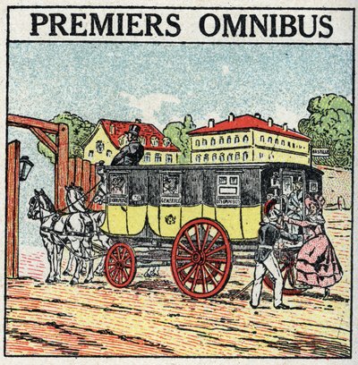 Tracción animal: primer ómnibus aparecido en Francia bajo Carlos X (1824-1830). Ilustración anónima de 1925. Colección privada. de Anonymous Anonymous