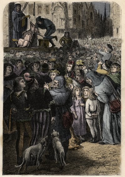 Juicios de animales - Los juicios de animales en la Edad Media - Ejecución de la cerda infanticida de Falaise - grabado de “El hombre y la bestia” por Arthur Mangin - 1872 - de Anonymous Anonymous