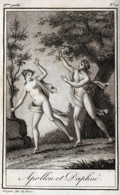 Apolo y Dafne. La ninfa Dafne se convierte en laurel para escapar de Apolo. Grabado de 1819 en “Cartas a Emilie sobre la mitología” por Charles Albert Demoustier (1760-1801). Colección privada. de Anonymous Anonymous
