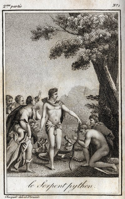 Apolo y la serpiente Pitón en el Monte Parnaso. Grabado de 1819 en "Lettres a Emilie sur la mythologie" por Charles Albert Demoustier (1760-1801). Colección privada. de Anonymous Anonymous