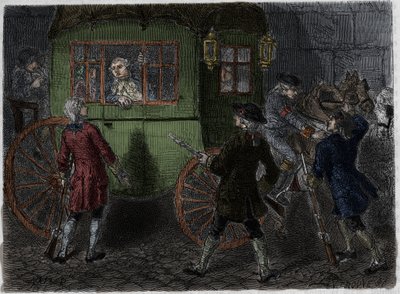 Arresto de Luis XVI (1754-1793) y su familia fugitiva en Varennes el 21 de junio de 1791. Grabado de 1866 en 