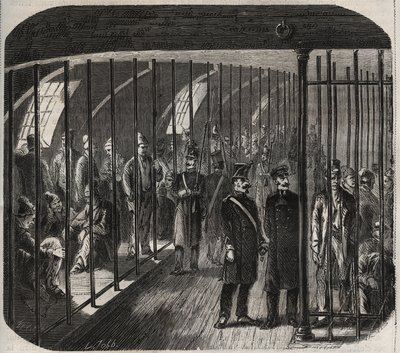 Llegada de las fuerzas a bordo durante el convoy de Toulon a Cayena (Guyana) según el Decreto del 8 de diciembre de 1851. Grabado en "Histoire des bagnes depuis leur création à nos jours" (1877) por Pierre Zaccone (1817-1895) de Anonymous Anonymous