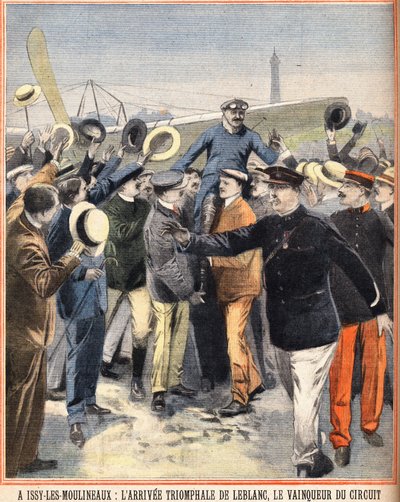 Llegada triunfal de Alfred LeBlanc (1869-1921), piloto francés, ganador del circuito aéreo en Issy Les Moulineaux (Issy-Les-Moulineaux). Grabado en 
