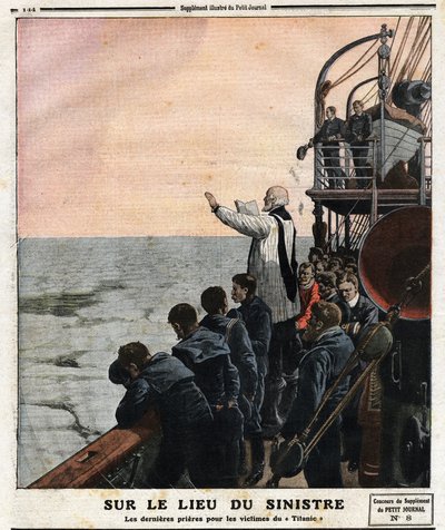 En la escena del desastre, las últimas oraciones por las víctimas del Titanic. En su viaje inaugural de Southampton a Nueva York, el transatlántico británico 