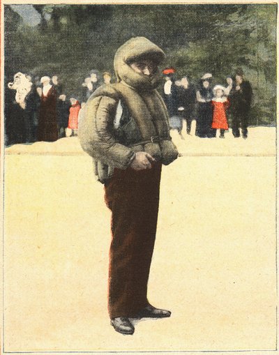 Aviación: Traje aéreo diseñado para proteger a los aviadores de caídas. Grabado en “Le petit parisien” el 16/10/1910. Colección privada. de Anonymous Anonymous