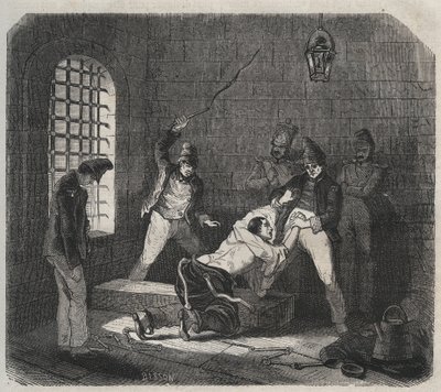 Bagne de Brest: azotamiento. Grabado en "Histoire des bagnes depuis leur création à nos jours" (1877) por Pierre Zaccone (1817-1895). Colección privada de Anonymous Anonymous