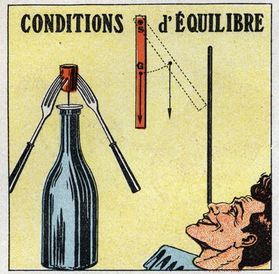 Balance de sólidos: condiciones de equilibrio. Experiencia con una botella, un tapón y dos tenedores. Ilustración anónima de 1925. Colección privada. de Anonymous Anonymous