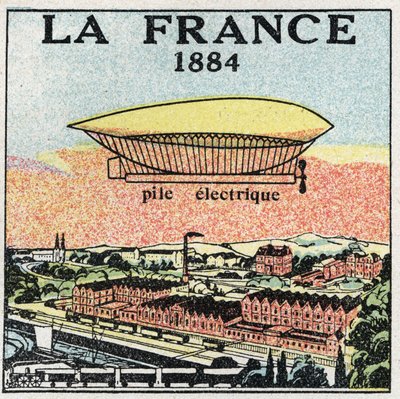 Globos: el dirigible “La France” en 1884 usando la batería eléctrica inventada por los franceses Renard y Krebs. Ilustración anónima de 1925. Colección privada. de Anonymous Anonymous