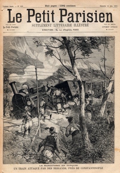 Bandidaje en Turquía, un tren atacado por ladrones cerca de Constantinopla. Grabado en “Le petit Parisien” de 1891. Colección privada. de Anonymous Anonymous