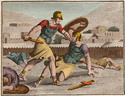 Batalla de Horacios y Curiacios - Batalla entre Horatii y Curiatii - Grabado de “Le Rollin de la Juventud o Piezas Seleccionadas de Historias Antiguas y Romanas” de 1816 - Colección privada de Anonymous Anonymous