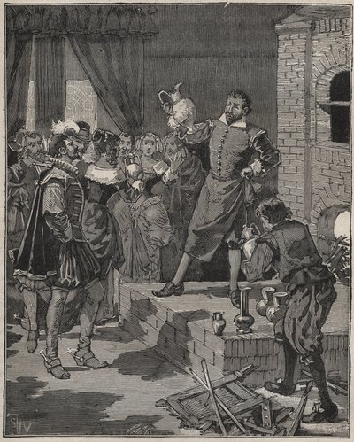 Bernard Palissy (1510-1589), ceramista francés triunfante, saca sus primeras piezas de esmalte del horno. Grabado de 1880 en “Les arts et métiers illustrés” de Adolphe Bitard. de Anonymous Anonymous