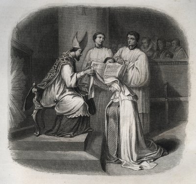 Beata María de la Encarnación (Jeanne Avrillot) (1566-1618) mística francesa recibiendo el velo de Carmelita en 1614. Grabado de 1846 en 
