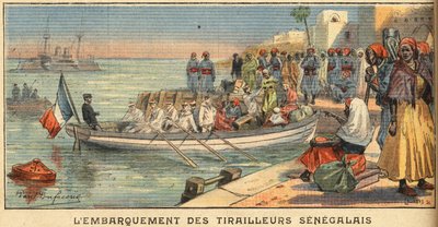 Embarque de jinetes senegaleses con sus esposas. Grabado del periódico "Le Petit Parisien", el 22/03/1908. Colección privada. de Anonymous Anonymous