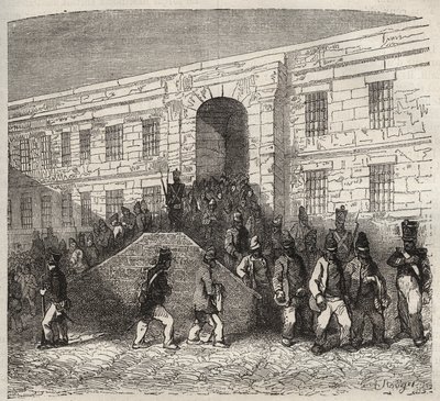 El bagne de Brest en el siglo XIX. Grabado en "Histoire des bagnes depuis leur création à nos jours" (1877) por Pierre Zaccone (1817-1895). Colección privada de Anonymous Anonymous