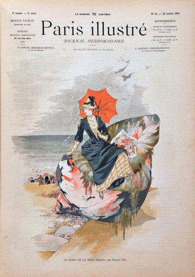 A la orilla del mar, alegoría de Habert Dys. Mujer elegante con una sombrilla sentada en una concha gigante posa sobre la arena de una playa. Grabado de 1887 en “Paris-Illustrous journal weekly” de Anonymous Anonymous