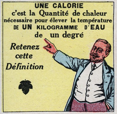 Calorimetría: una caloría es la cantidad de calor necesaria para elevar la temperatura de un kilogramo de agua en un grado. Ilustración anónima de 1925. Colección privada. de Anonymous Anonymous