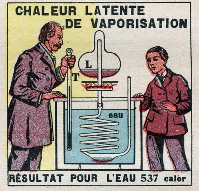 Calorimetría: el calor latente de vaporización medido por el calorímetro de Marcellin Berthelot (1827-1907). Ilustración anónima de 1925. Colección privada. de Anonymous Anonymous