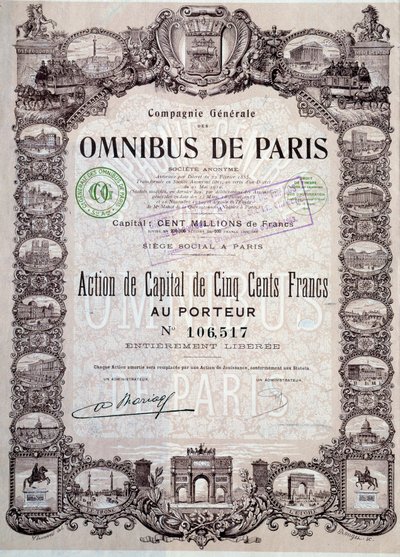 Acción de capital de 500 francos en el ómnibus de París, siglo XX Colección de acciones de Anonymous Anonymous