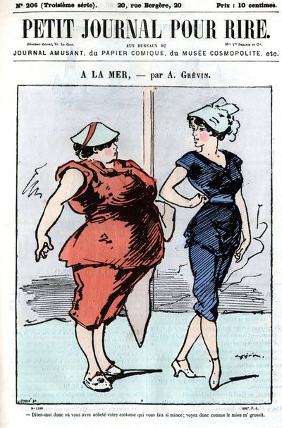 Caricatura sobre personas en el mar. Dos mujeres, una de las cuales habla de moda: 