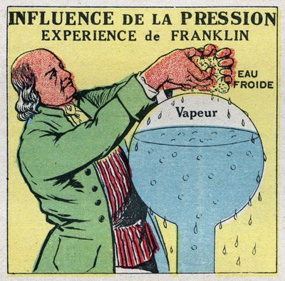 Cambios de estado: influencia de la presión. Punto de ebullición de Franklin, experiencia de Benjamin Franklin (1706-1790) para demostrar que el agua puede hervir a menos de 100 grados. Ilustración anónima de 1925. Colección privada. de Anonymous Anonymous