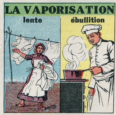 Cambios de estado: vaporización lenta (acción del viento) o ebullición (calor bajo una sartén). Ilustración anónima de 1925. Colección privada. de Anonymous Anonymous