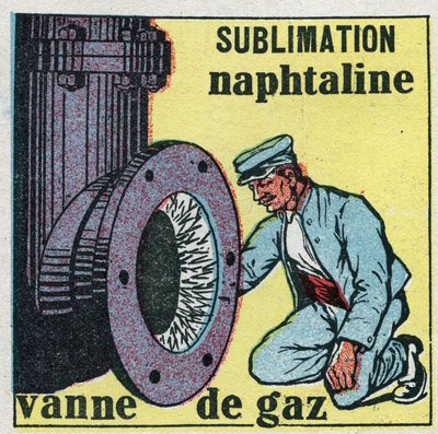 Cambios de estado: sublimación. Depósito de naftalina obstruyendo una válvula de gas. Ilustración anónima de 1925. Colección privada. de Anonymous Anonymous