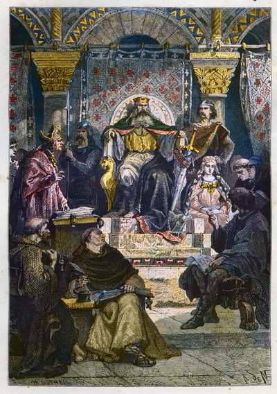 Carlomagno (742 - 814) en su trono presidiendo la Academia del Palacio - Carlos el Grande (747-814) Rey de los Francos y Emperador Cristiano de Occidente presidiendo la Escuela del Palacio en Aquisgrán - grabado de “L